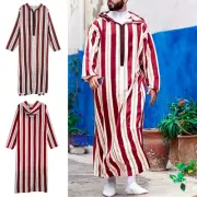 Men Patchwork Stripe Hooded Muslim Robe Tradition Ethnic Loose Middle East Dress