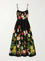 [Cara Cara] Cara Cara - Alba Floral-print Gathered Smocked Cotton-poplin Midi Dress - Black - US4 US 4 Black