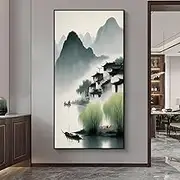 Art Wall Decoration Hand Painted - Scenery of Ink and Water Town Texture Painting Large Size Sofa Hanging Painting,On Canvas Wall for Living Room Bedroom Home Stairway Decor,As Shown,130 X 260Cm(5
