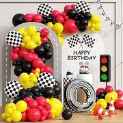 Race Car Balloons Arch Garland Kit 127 Pcs Red Black White Latex Balloon Cars Race Balloons Wheel Checkered Foil Balloons for Birthday Car Party Decorations