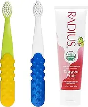 RADIUS Toddler Toothbrush and Toothpaste Bundle for Kids, 2 Pack Totz Plus Silky Soft Brush in White/Sapphire Blue and Green/Yellow and 1 Count Dragon Fruit Toothpaste, For Children 18 Months and Up