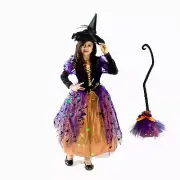 Witch Costume Girls light up w/HAT, BROOM Size T S M L 2-4 4-6 6-8 8-10 orange