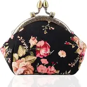[Kintiva] Canvas Coin Purse, Reusable Kiss-Lock Clutch Pouch, Compact Wallet for Women (Black)