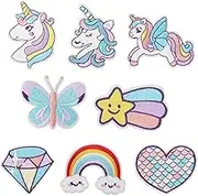 8pcs Dreamy Unicorn Iron On Patches for Girls, 8 Styles Embroidered Iron On Patches DIY Sew Applique Repair Cute Rainbow Heart Butterfly Diamond Patches for Kid Cloth Backpack Hat Jean Dress