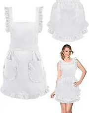 [Newcotte] 2 Pack Women Colonial Costume Vintage Apron Dress Waist Apron Kitchen Apron with Pockets Cross Back Maid Costume, White, One size