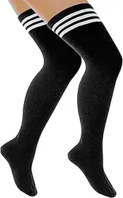 [QHANSHIEE] Thigh High Socks for Men,Sissy High Knee Socks Striped Thigh High Socks, Black, One Size
