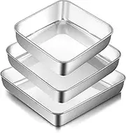 Square Cake Pan Set of 3,Stainless Steel Sheet Cake Pan for Oven,Deep Cake Tin Square Baking Tray,Tray Bake Sheet Pans Ideal for Lasagne Cookie Pizza,Flat Surface & Brushed Finished