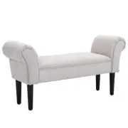 Small Linen Upholstered Ottoman Bench with Rolled Arm End, Elegant Wooden Legs,