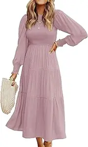 [Aosufei] Women's Casual Long Sleeve Smocked Dress Ruffle Tiered Layered Chiffon Dress Crewneck Flowy Tiered Midi Dress