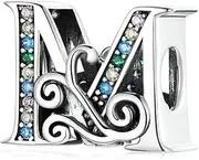 [Teleye] Vintage Letter M Charm 925 Sterling Silver Charm Fits For Pandora Bracelet Necklace, Cubic Zirconia, Created Cubic Zirconia