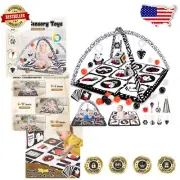 Baby Play Mat for 0-18 - Includes 10 Sensory Toys & Visual Learning Cards