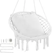 VEVOR Hanging Hammock Swing Chair, 150 kg Capacity, Macramé Hanging Chair with Cushion and Mounting Hardware, Cotton Rope Swing Chair for Bedroom, Balcony, Patio, Garden, White