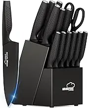 Knife Set, 15 Pieces Kitchen Knife Set with Block Built in Sharpener, Dishwasher Safe, German Stainless Steel Knife Block Set, Elegant Black