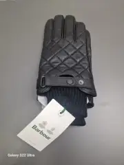 Barbour QUILTED LEATHER GLOVES Mens Casual Press Stud, Black, New Tags Large