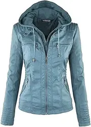 [Newbestyle] Faux Leather Jacket for Women Hooded Moto Biker Jacket Full Zip Pleated Overcoat Casual Coat Warm Tops