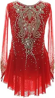 [Zagitova] Girls' Ice Figure Skating Dress Stretch Mesh Diamond Hook Sleeves Stage Dance Costumes, Customizable