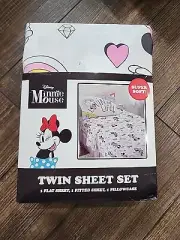 Disney Minnie Mouse Kids Bedding Twin Sheet Set White Pink Pllwcase Flat Fitted