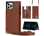 For iPhone 14 Pro Wallet Case with Strap - Brown