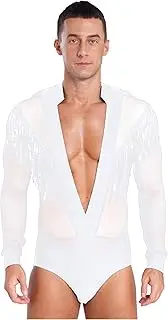 [Jugaoge] Men's Shiny Latin Dance Shirt Tassels Bodysuit Samba Salsa Rumba Dance Shirt Modern Dancewear