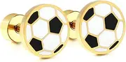 [NewZenro] 20g Soccer Gold Plated Flat Screw Back Small Stud Earrings for Men Women Minimalist Cute Surgical Steel Black White Enamel Sports Fan Lover Cartilage Piercing Sleeper Tiny Studs Hypoallergenic Gift