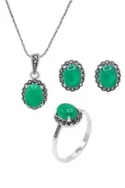 Nurtas Jewelry - Emerald and Marcasite Stone 925 Sterling Silver Triple Set