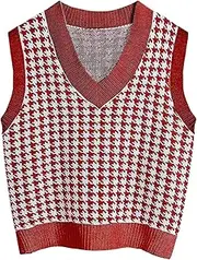 [DSAoTeng] Women V Neck Sleeveless Knit Vest Plaid Pattern Casual Warm Houndstooth Vest for Winter Fall Daily Wear