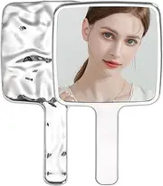 Quixella Handheld Mirror, Water Ripples Hand Mirror with Handle for Make up, Square, Silver 5x9in(Medium)