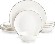 [MALACASA] Upscale Bone China Dinnerware Set, 12 Pieces Cream-White Plates and Bowls Sets with Gold Rim, Dinner, Dessert and Cereal Bowls, Series JERA
