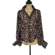 NWT Nasty Gal Womens sz 6 Top Black Floral Sheer Chiffon Button Front Long Slv