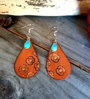 Genuine Leather Daisy Drop and Turquoise Western Earrings - Aussie Made