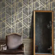 Geometric fractal lines wallpaper gray gold metallic faux plaster Textured rolls