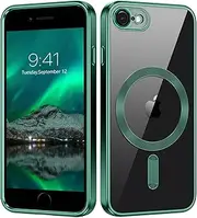DOMAVER for iPhone SE 2022/2020, iPhone 7/iPhone 8 Case Clear Magnetic, Compatible with MagSafe, Shockproof Anti-Scratching Case for iPhone SE 3/2, Simple Plating iPhone SE Case, Clear/Green