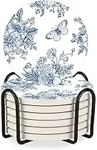 Blue Floral Butterfly Coasters Set of 6,Spring Flower Butterfly Ceramic Drink Coasters with Holder,for Home Office Desk Coffee Table Decoration Housewarming Gift (Blue Floral Butterfly)