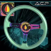 Universal Fukushi 350mm 6 Hole Green Trim Neo Chrome 3 Streak Steering Wheel