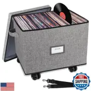 Rolling Vinyl Record Storage Box, LP Record Storage Holds up 100 Single Recor