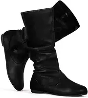 [katliu] Women's Slouchy Mid Calf Boots Zip up Flat Boots
