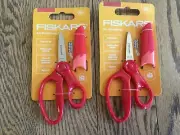 2 Fiskars Pointed-tip Safety-Edge Kids Scissors RED 5” Eraser Sheath 4+ NEW