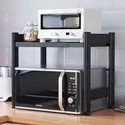 Kitchen Microwave Shelf Countertop Free Standing Extendable Rack - Black Organiser Storage with Hook for Universal Oven - Microwave Storage Rack