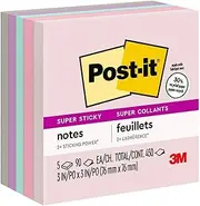 Post-it Super Sticky Recycled Notes, 76mm x 76mm, 5 Pads, 2X The Sticking Power, Bali Collection, Pastel Colors (Lavender, Apricot, Blue, Pink, Mint), 30% Recycled Paper (654-5SSNRP)