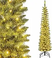1.5M Artificial Christmas Tree, Pre-lit Xmas Tree w/ 296 Branch Tips, 150 Warm White LED Lights, Pencil Shape Decoration Tree for Home Party Festival
