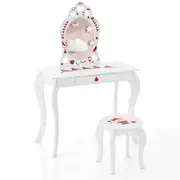 Giantex 2-in-1 Kids Dressing Table Stool Set Mirror Makeup Table Cute Patterns w/Storage Drawer