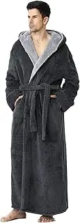 [Hellomamma] Mens Long Robes with Hood Full Length Hooded Bathrobe Fleece Plush Fluffy Housecoat Nightgown