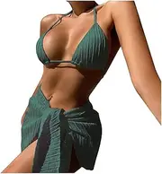 [Akklian] Women's 3 Piece Swimsuits Sexy Halter Triangle String Bikini Set with Beach Skirt Cheeky High Waisted Bathing Suit