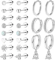[MJust] 18 Pairs Stainless Steel Stud Earrings Set for Women Men Star Moon Triangle Heart Leaf 20G Cartilage Earrings Hypoallergenic Flatback Earrings Piercing Jewelry