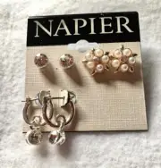 New on Card 3 pair NAPIER Rhinestone & Pearl Pierced Earrings #28-6