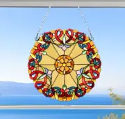 Victorian Stained Glass Window Panel Suncatcher 20in Round Shades of Amber