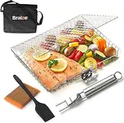 Stainless Steel Large Grill Basket with Removable Handle, Easy Open/Close Lid, Included Silicone Basting Brush & Steel-fiber Scrub Sponge - Perfect for Outdoor Cooking, BBQ, and Camping (12.25 x 9.5 x