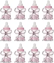 12 Pcs Baby Bottle Shower Favor, 3.5-Inch Mini Plastic Candy Bottles for Baby Shower, Party Decoration (Pink)
