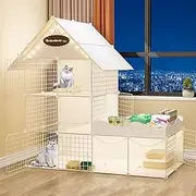 3-Tier Cat Cage, Cat Playpen, Cat Enclosures, with Storage Space, Transparent, Iron Mesh, Resin, DIY Cat Playpen, Cat House, 57.9x29.5x57.5in(White)