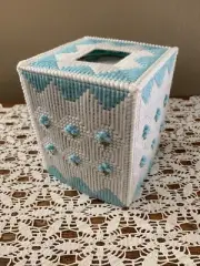 Handmade Needlepoint Plastic Canvas Tissue Box Cover - Aqua Posies